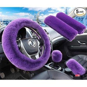 5pcs in 1 Set Faux Wool Steering Wheel Cover Soft Fluffy Handbrake Cover
